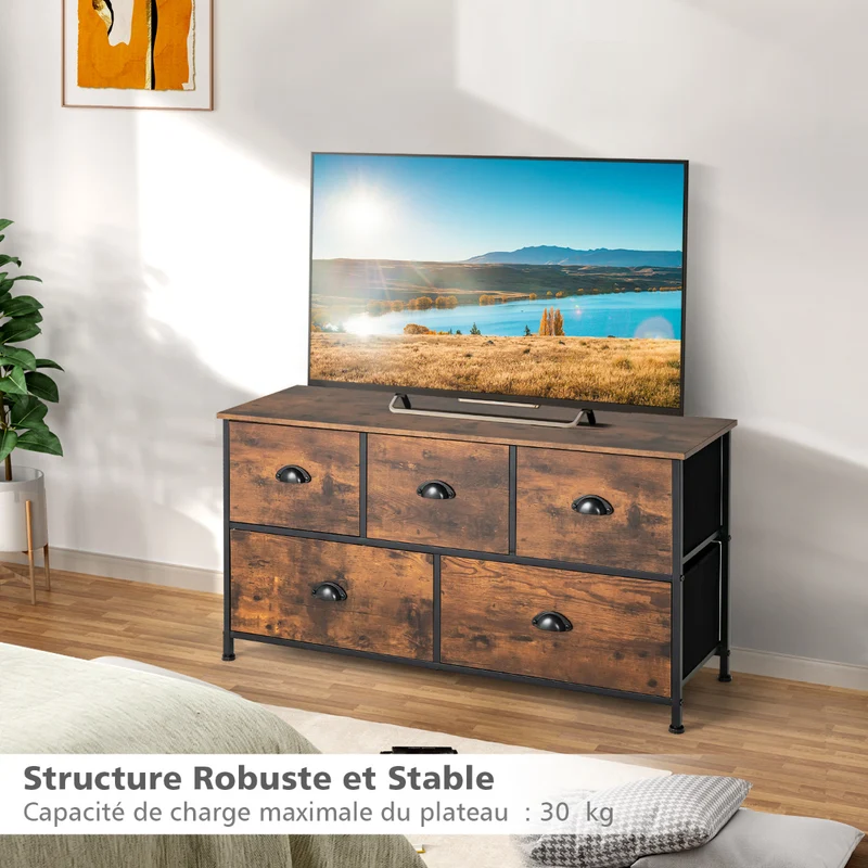 Costway - Commode, Meuble de Rangement, avec 5 Tiroirs Non-Tissés 100x30x54 cm, Cadre en Métal Surface en MDF, Commode Vintage, Marron Rustique, Noir