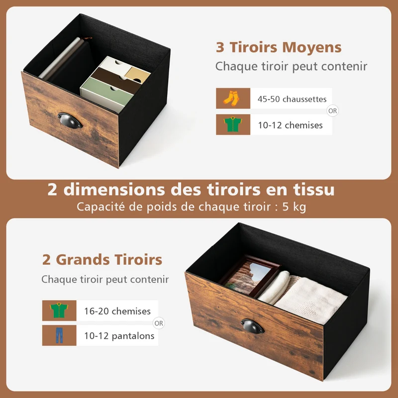 Costway - Commode, Meuble de Rangement, avec 5 Tiroirs Non-Tissés 100x30x54 cm, Cadre en Métal Surface en MDF, Commode Vintage, Marron Rustique, Noir