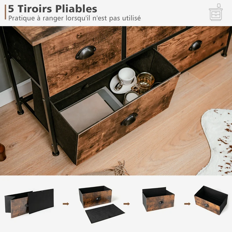 Costway - Commode, Meuble de Rangement, avec 5 Tiroirs Non-Tissés 100x30x54 cm, Cadre en Métal Surface en MDF, Commode Vintage, Marron Rustique, Noir