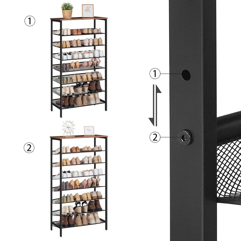 HOOBRO - Étagère à Chaussures, 8 Niveaux, Étagère en métal, 7 Étagère réglable, pour 21-28 Paires, Étagère étroite, 75x30x137 cm, Marron Noir