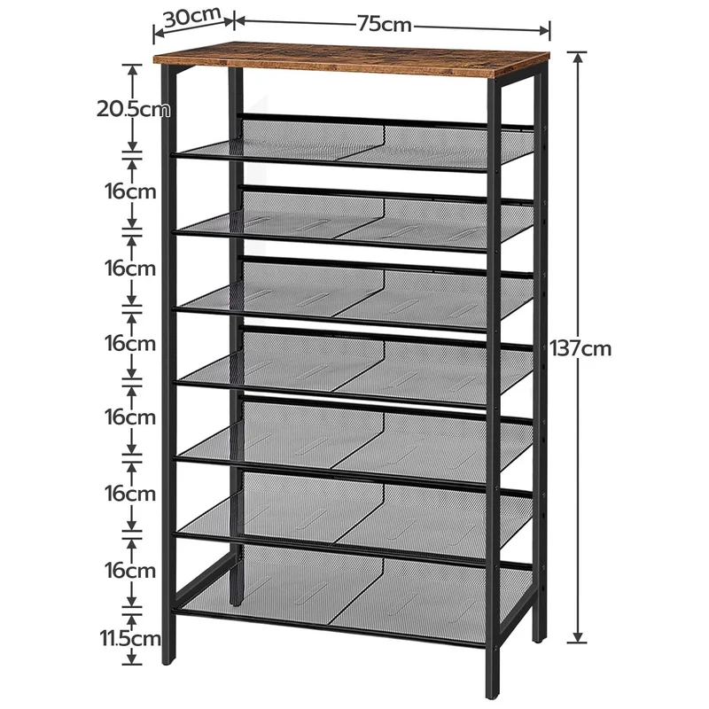 HOOBRO - Étagère à Chaussures, 8 Niveaux, Étagère en métal, 7 Étagère réglable, pour 21-28 Paires, Étagère étroite, 75x30x137 cm, Marron Noir
