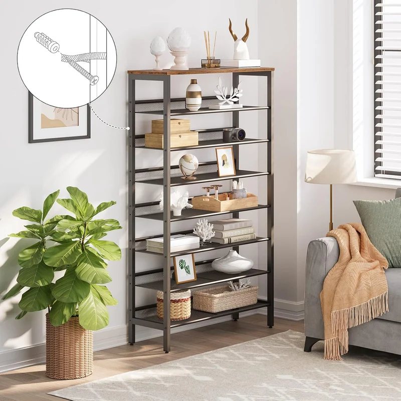 HOOBRO - Étagère à Chaussures, 8 Niveaux, Étagère en métal, 7 Étagère réglable, pour 21-28 Paires, Étagère étroite, 75x30x137 cm, Marron Noir