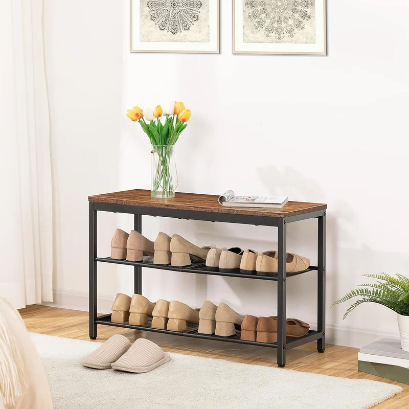 HOOBRO - Étagère à chaussures, 3 Niveaux, Banc à Chaussures, avec 2 étagères en maille, Étagère étroite, 75x28.5x48.5cm, Étagère en métal, Noir Brun