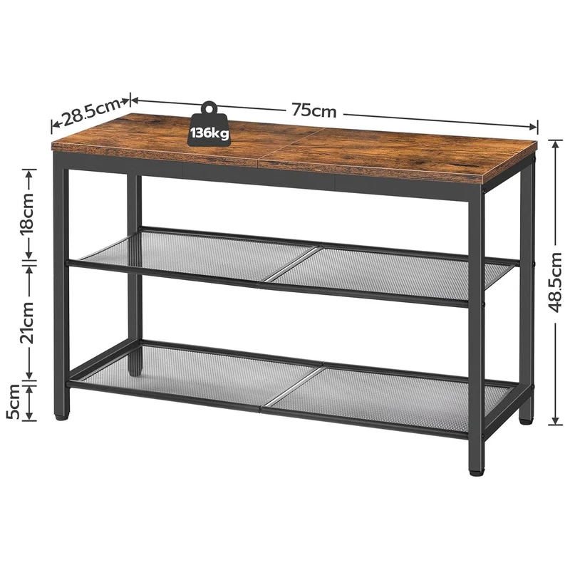 HOOBRO - Étagère à chaussures, 3 Niveaux, Banc à Chaussures, avec 2 étagères en maille, Étagère étroite, 75x28.5x48.5cm, Étagère en métal, Noir Brun