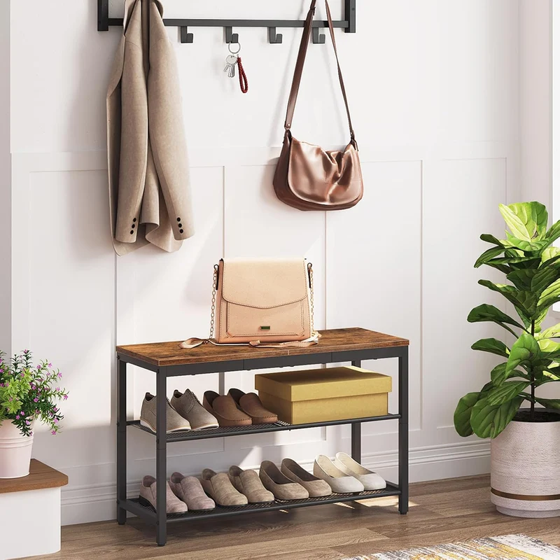 HOOBRO - Étagère à chaussures, 3 Niveaux, Banc à Chaussures, avec 2 étagères en maille, Étagère étroite, 75x28.5x48.5cm, Étagère en métal, Noir Brun