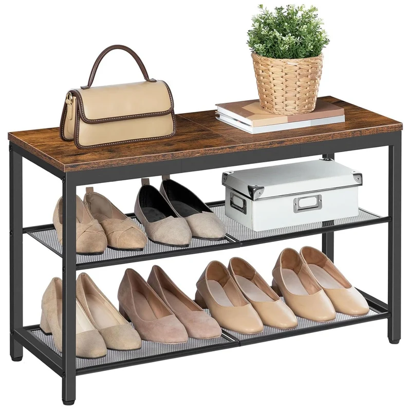 HOOBRO - Étagère à chaussures, 3 Niveaux, Banc à Chaussures, avec 2 étagères en maille, Étagère étroite, 75x28.5x48.5cm, Étagère en métal, Noir Brun