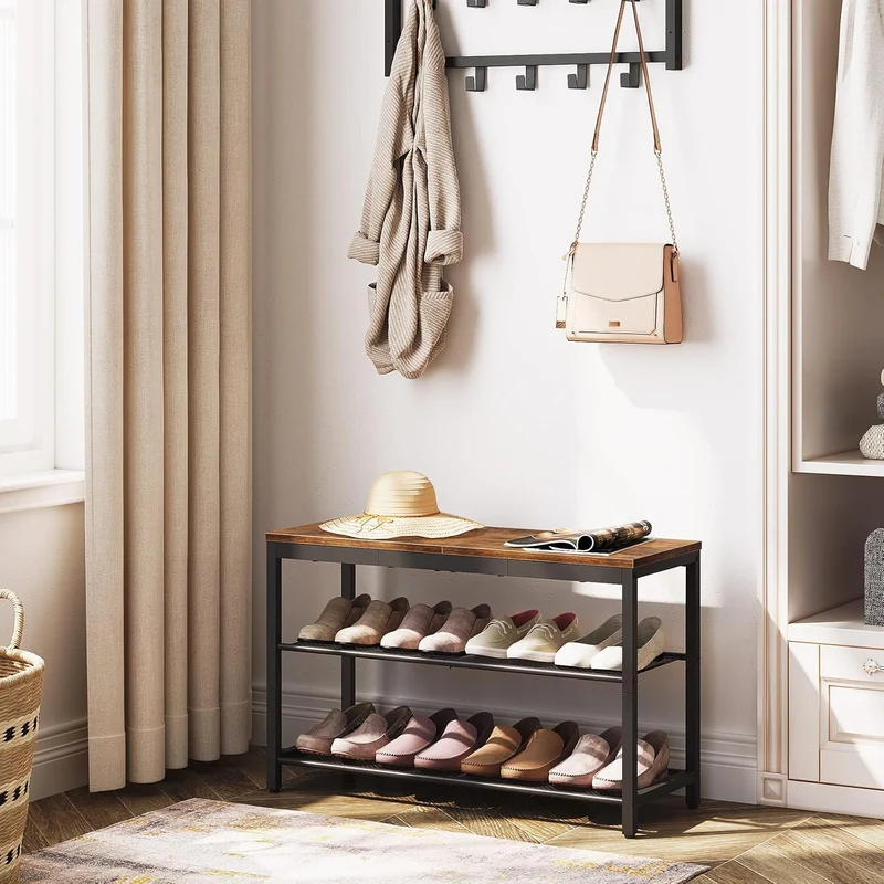 HOOBRO - Étagère à chaussures, 3 Niveaux, Banc à Chaussures, avec 2 étagères en maille, Étagère étroite, 75x28.5x48.5cm, Étagère en métal, Noir Brun