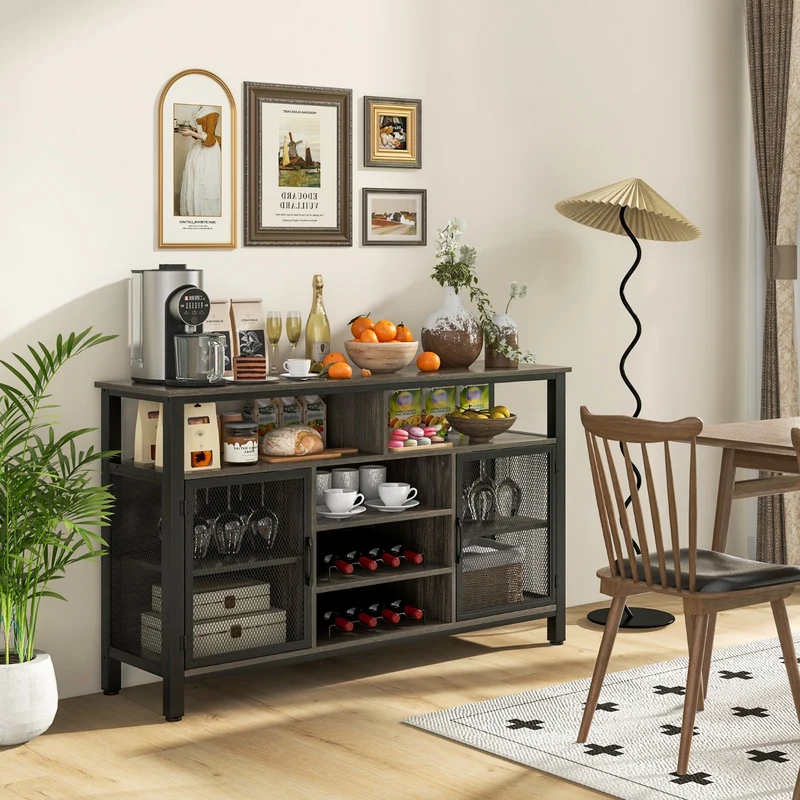 Costway - Buffet de Cuisine, Buffet Salon, Casier a Bouteille, Porte Bouteille Vin, 8 Bouteilles 6 Rangées de Porte-verres 2 Portes, Gris