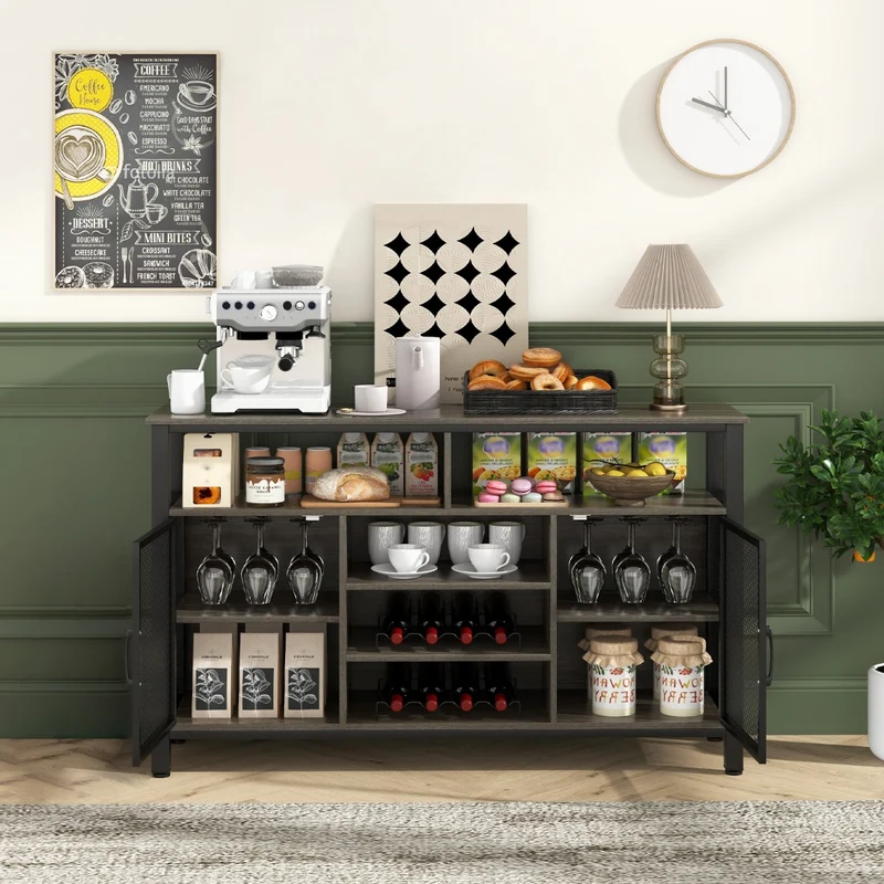Costway - Buffet de Cuisine, Buffet Salon, Casier a Bouteille, Porte Bouteille Vin, 8 Bouteilles 6 Rangées de Porte-verres 2 Portes, Gris