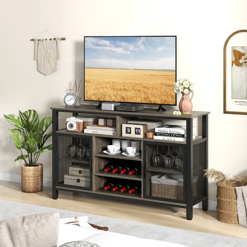 Costway - Buffet de Cuisine, Buffet Salon, Casier a Bouteille, Porte Bouteille Vin, 8 Bouteilles 6 Rangées de Porte-verres 2 Portes, Gris