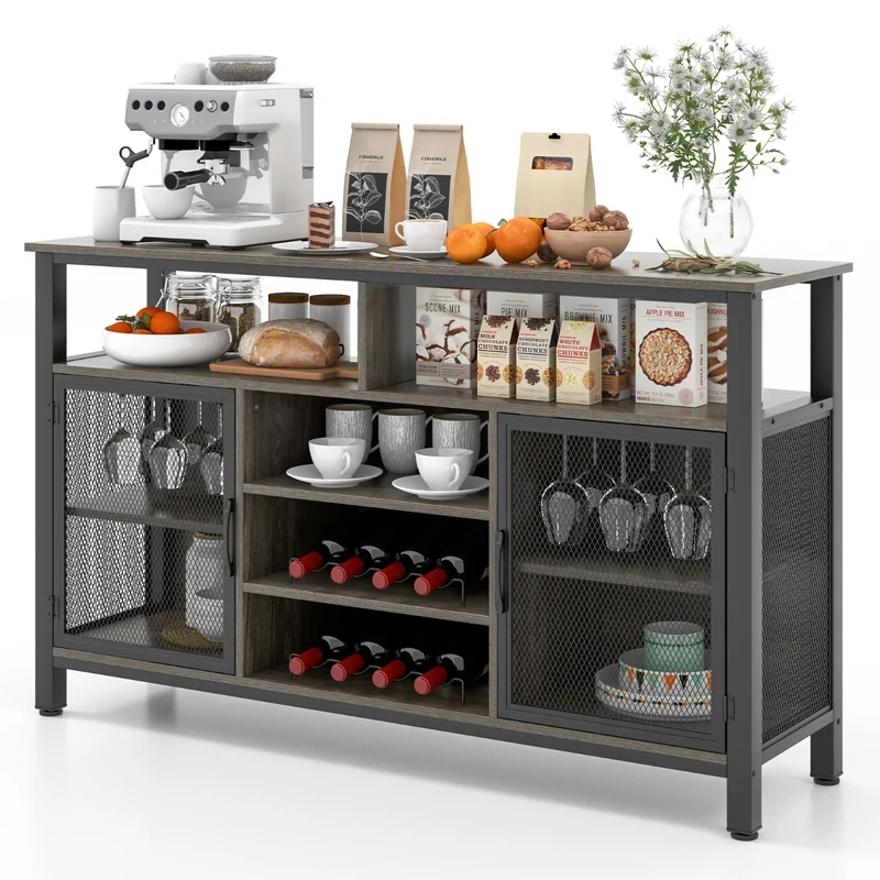 Costway - Buffet de Cuisine, Buffet Salon, Casier a Bouteille, Porte Bouteille Vin, 8 Bouteilles 6 Rangées de Porte-verres 2 Portes, Gris