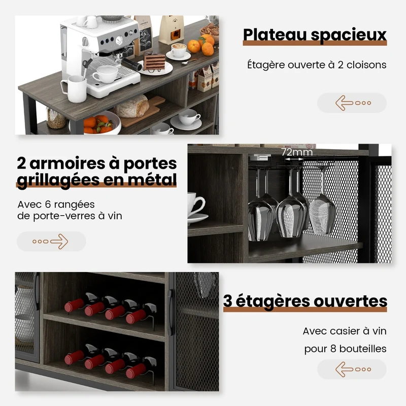 Costway - Buffet de Cuisine, Buffet Salon, Casier a Bouteille, Porte Bouteille Vin, 8 Bouteilles 6 Rangées de Porte-verres 2 Portes, Gris