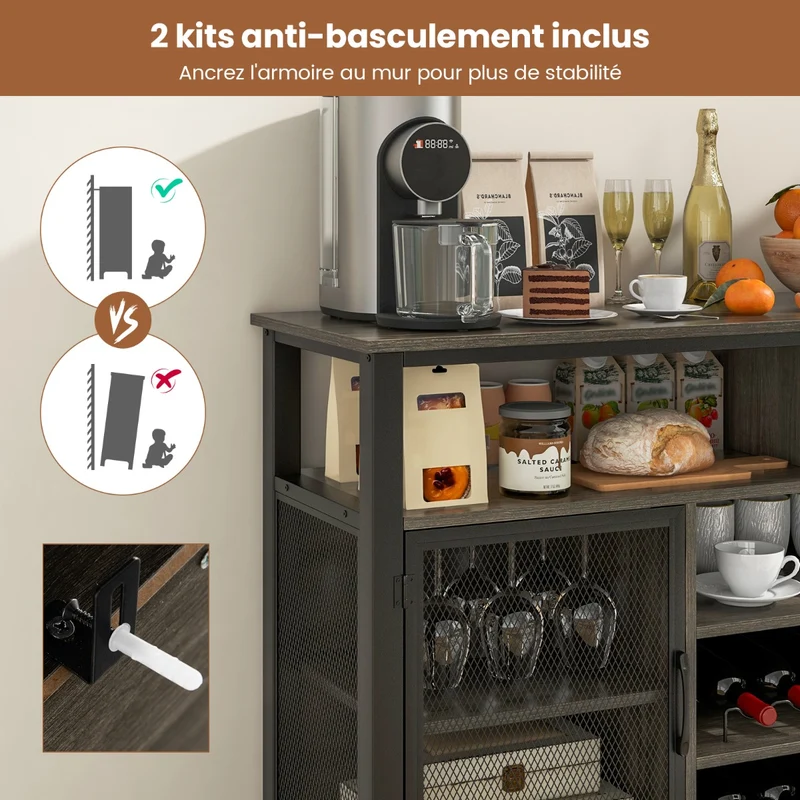 Costway - Buffet de Cuisine, Buffet Salon, Casier a Bouteille, Porte Bouteille Vin, 8 Bouteilles 6 Rangées de Porte-verres 2 Portes, Gris