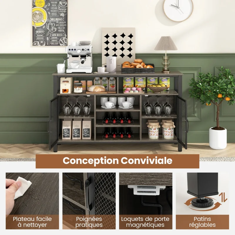 Costway - Buffet de Cuisine, Buffet Salon, Casier a Bouteille, Porte Bouteille Vin, 8 Bouteilles 6 Rangées de Porte-verres 2 Portes, Gris