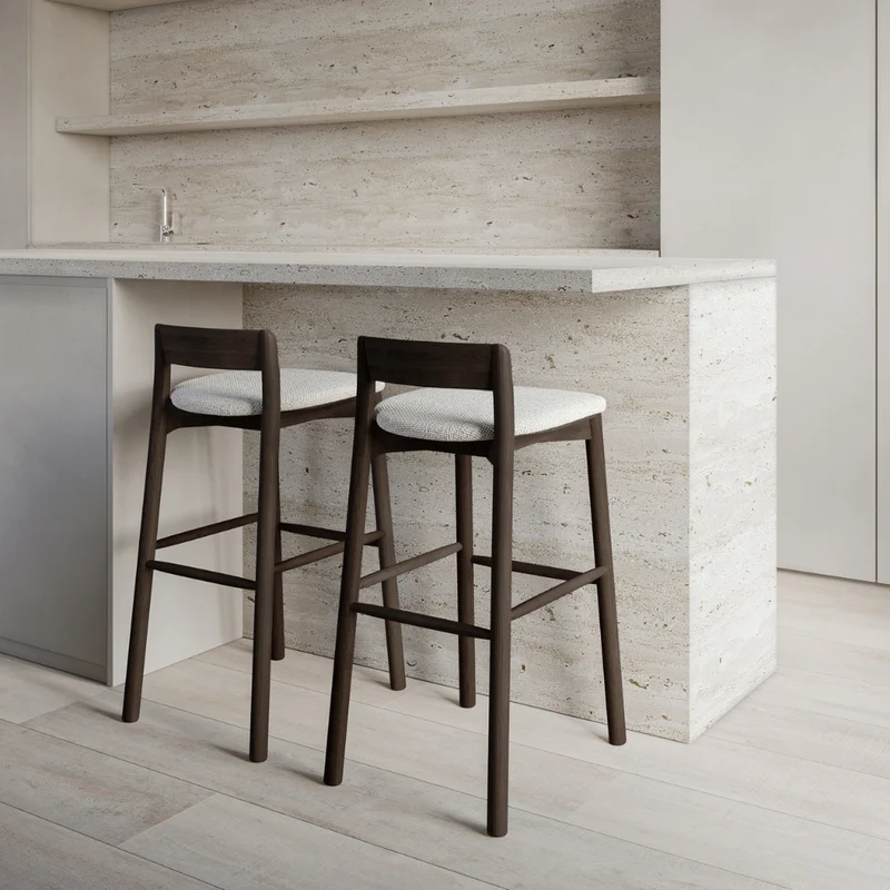 Tabouret Charmes - Noyer foncé - Assise en tissu - Tissage sandstone tacheté - Hauteur d'assise 65 cm