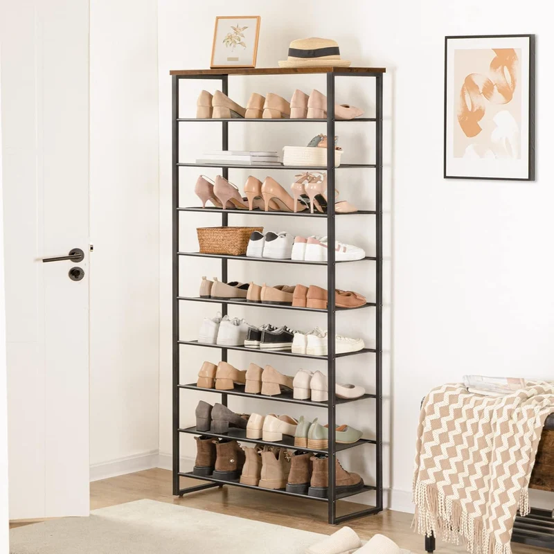 HOOBRO - Étagère à chaussures, 10 Niveaux, pour 32-40 Paires, Étagère étroite, 75x28,5x159cm, Étagère en métal, Porte Chaussures, Marron Rustique Noir