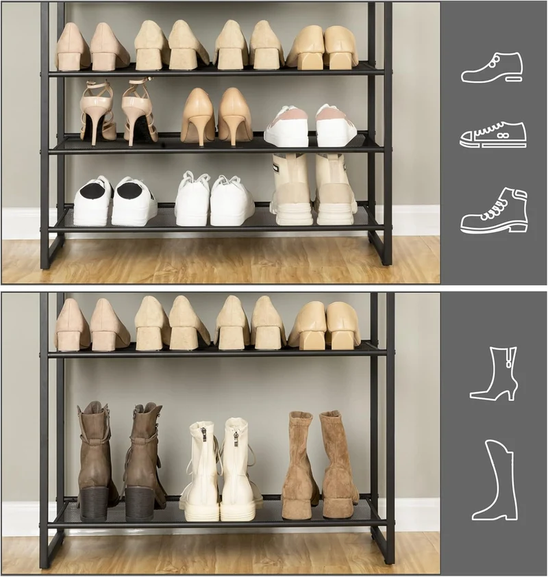 HOOBRO - Étagère à chaussures, 10 Niveaux, pour 32-40 Paires, Étagère étroite, 75x28,5x159cm, Étagère en métal, Porte Chaussures, Marron Rustique Noir