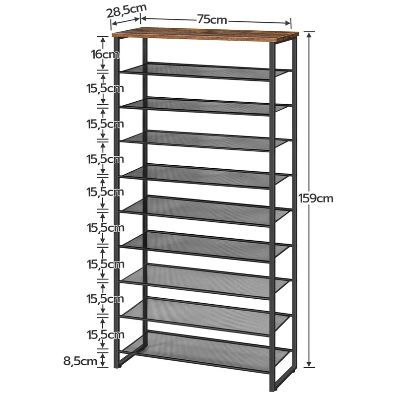 HOOBRO - Étagère à chaussures, 10 Niveaux, pour 32-40 Paires, Étagère étroite, 75x28,5x159cm, Étagère en métal, Porte Chaussures, Marron Rustique Noir