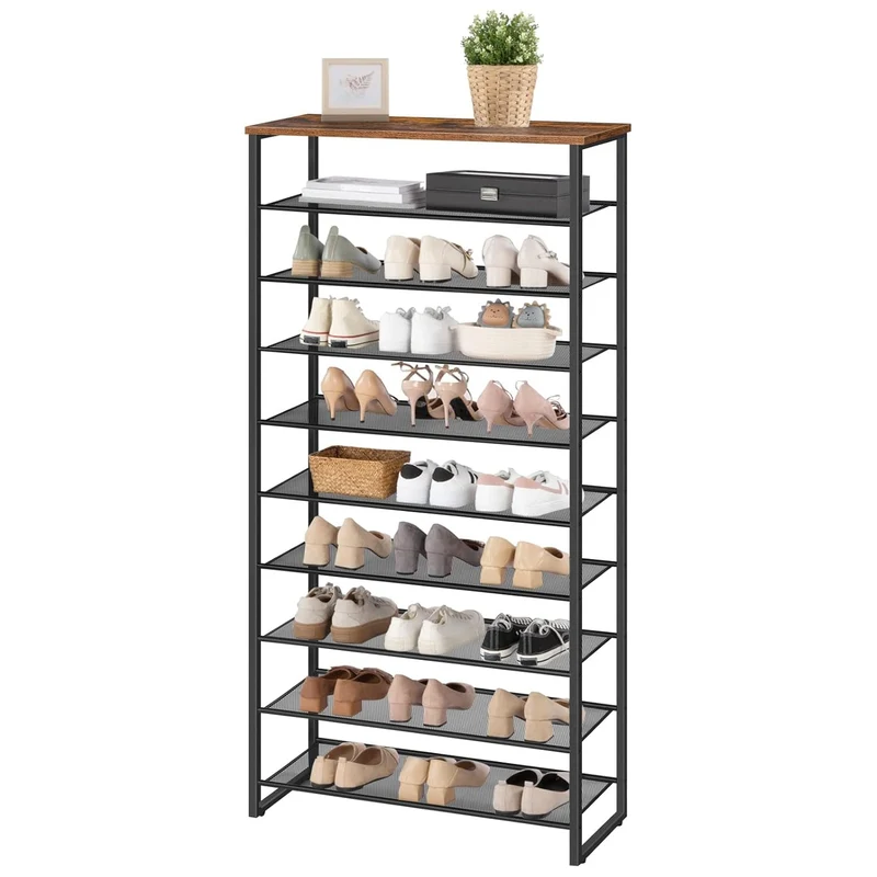 HOOBRO - Étagère à chaussures, 10 Niveaux, pour 32-40 Paires, Étagère étroite, 75x28,5x159cm, Étagère en métal, Porte Chaussures, Marron Rustique Noir
