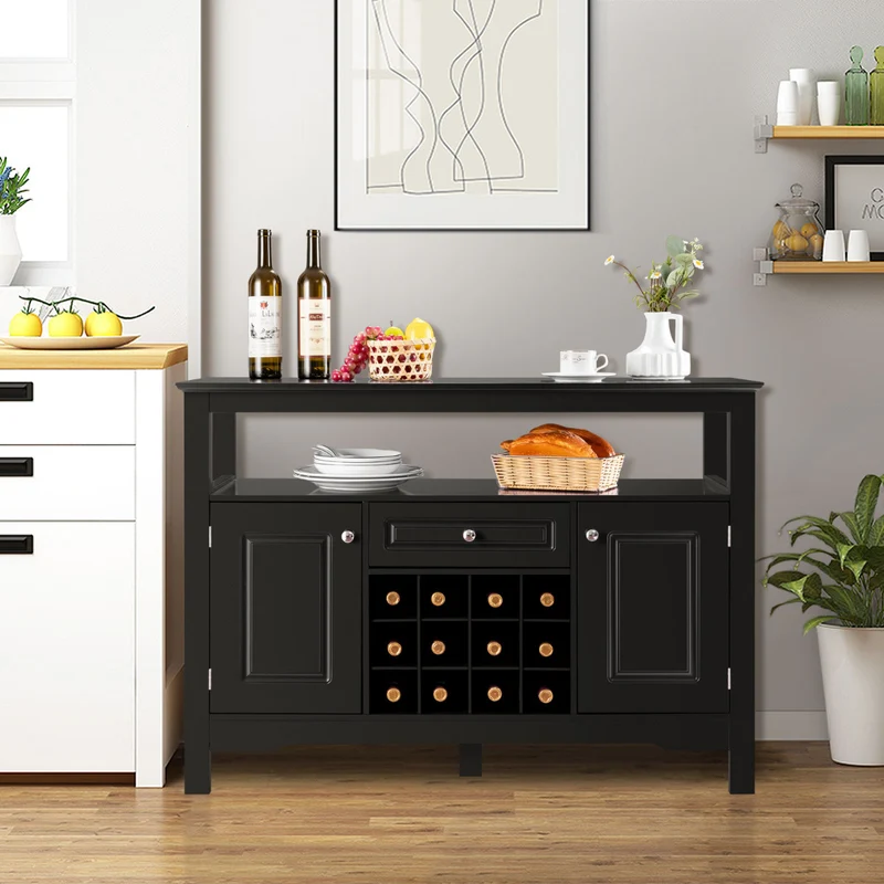 Costway - Buffet de Cuisine, Buffet Salon, Casier a Bouteille, Porte Bouteille Vin, 1 Tiroir et 2 Armoires Meuble Rangement, Noir
