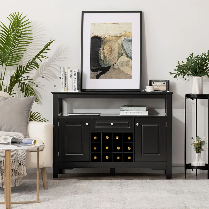Costway - Buffet de Cuisine, Buffet Salon, Casier a Bouteille, Porte Bouteille Vin, 1 Tiroir et 2 Armoires Meuble Rangement, Noir