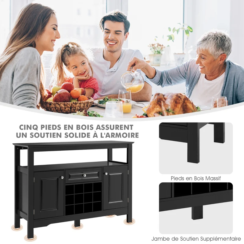 Costway - Buffet de Cuisine, Buffet Salon, Casier a Bouteille, Porte Bouteille Vin, 1 Tiroir et 2 Armoires Meuble Rangement, Noir