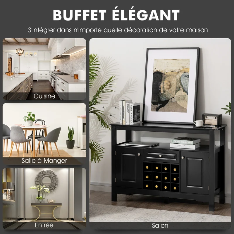 Costway - Buffet de Cuisine, Buffet Salon, Casier a Bouteille, Porte Bouteille Vin, 1 Tiroir et 2 Armoires Meuble Rangement, Noir