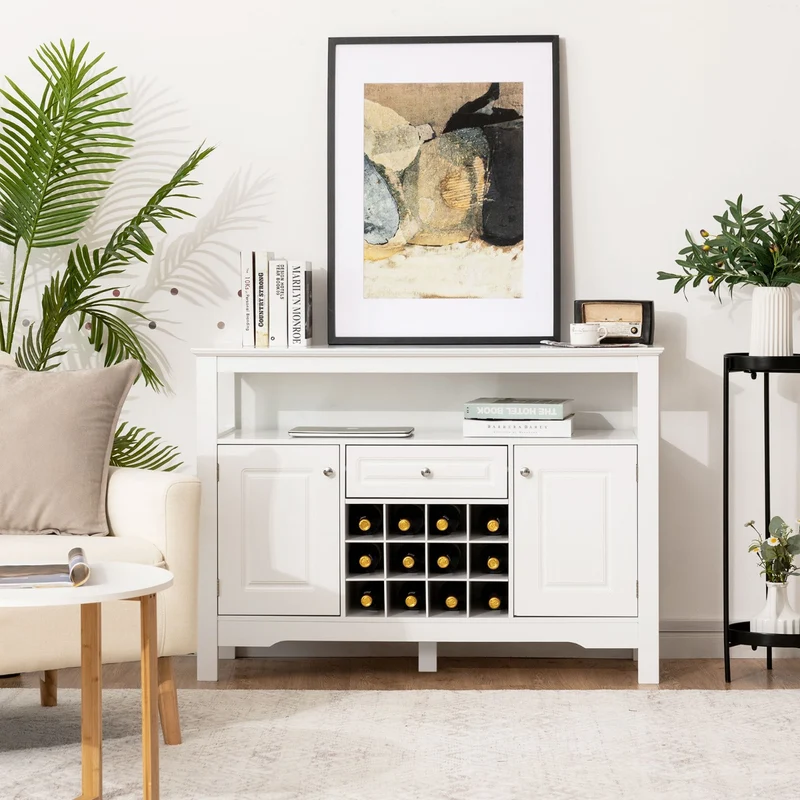 Costway - Buffet de Cuisine, Buffet Salon, Casier a Bouteille, Porte Bouteille Vin, 1 Tiroir et 2 Armoires Meuble Rangement, Blanc