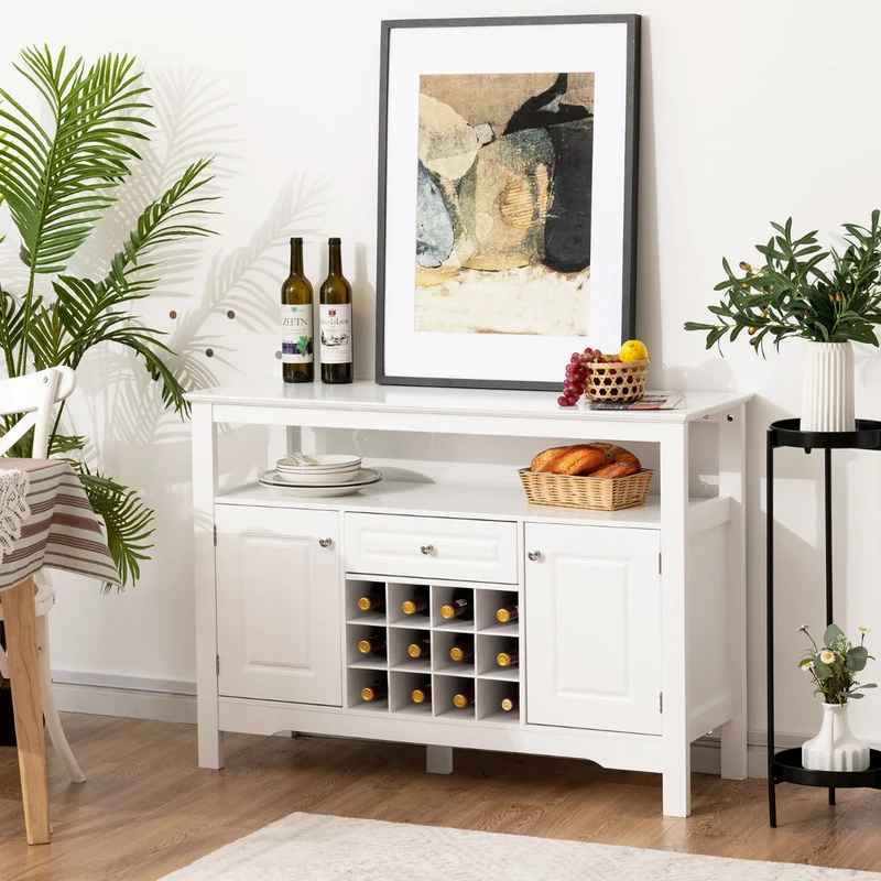 Costway - Buffet de Cuisine, Buffet Salon, Casier a Bouteille, Porte Bouteille Vin, 1 Tiroir et 2 Armoires Meuble Rangement, Blanc