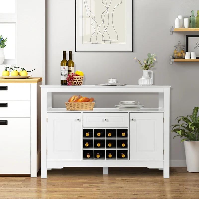 Costway - Buffet de Cuisine, Buffet Salon, Casier a Bouteille, Porte Bouteille Vin, 1 Tiroir et 2 Armoires Meuble Rangement, Blanc