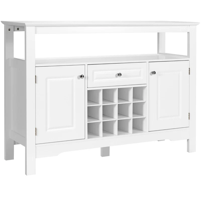 Costway - Buffet de Cuisine, Buffet Salon, Casier a Bouteille, Porte Bouteille Vin, 1 Tiroir et 2 Armoires Meuble Rangement, Blanc