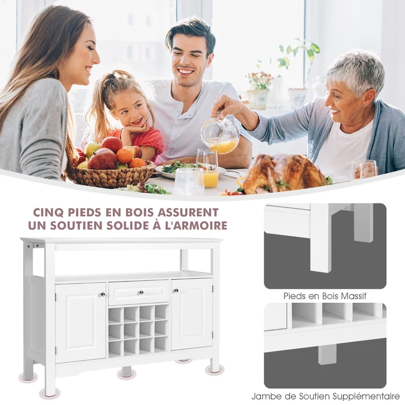 Costway - Buffet de Cuisine, Buffet Salon, Casier a Bouteille, Porte Bouteille Vin, 1 Tiroir et 2 Armoires Meuble Rangement, Blanc