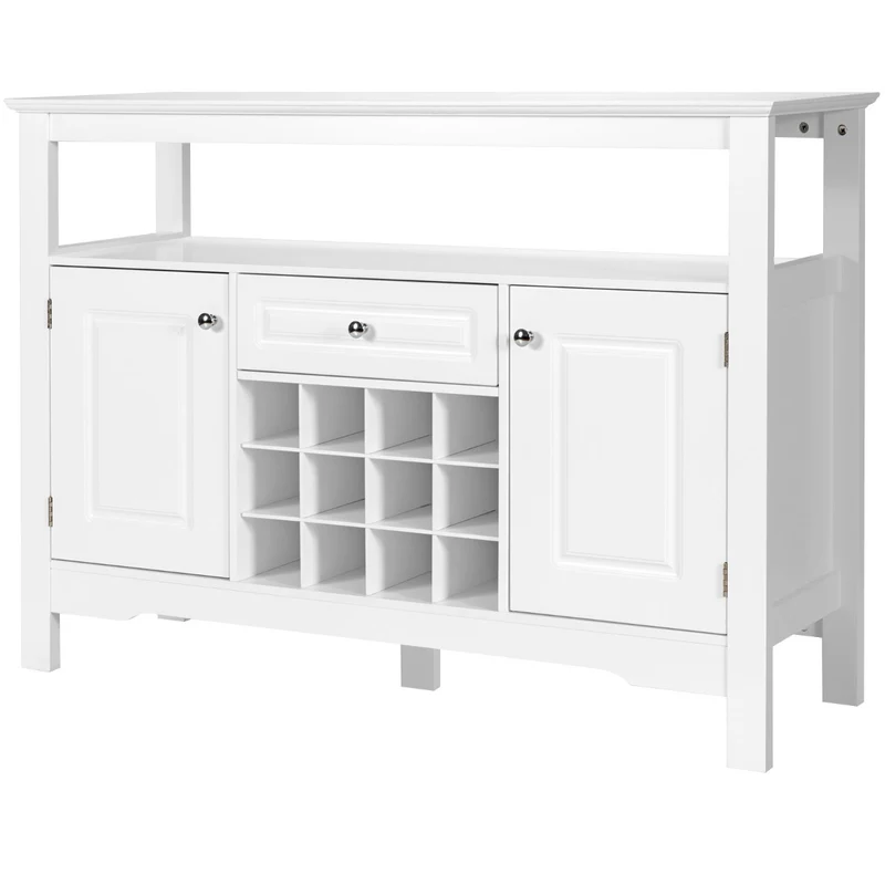Costway - Buffet de Cuisine, Buffet Salon, Casier a Bouteille, Porte Bouteille Vin, 1 Tiroir et 2 Armoires Meuble Rangement, Blanc