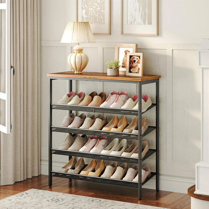 HOOBRO - Étagère à Chaussures, 5 Niveaux, Étagère en métal, 4 Étagère réglable, pour 16 à 20 Paires, Étagère étroite, 75x30x88,8 cm, Marron Noir