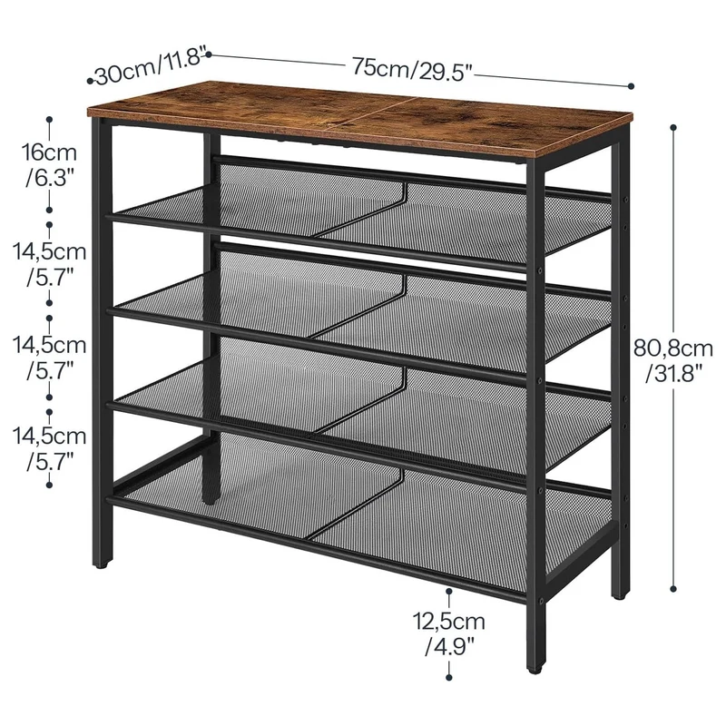 HOOBRO - Étagère à Chaussures, 5 Niveaux, Étagère en métal, 4 Étagère réglable, pour 16 à 20 Paires, Étagère étroite, 75x30x88,8 cm, Marron Noir