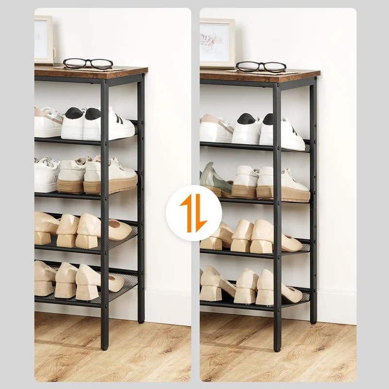HOOBRO - Étagère à Chaussures, 5 Niveaux, Étagère en métal, 4 Étagère réglable, pour 16 à 20 Paires, Étagère étroite, 75x30x88,8 cm, Marron Noir