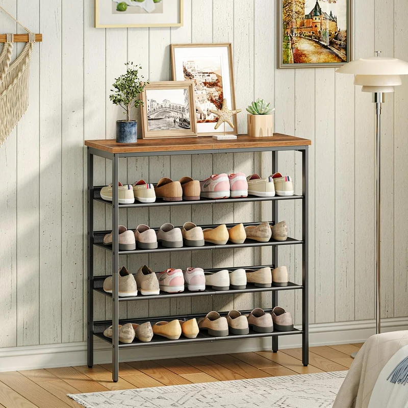 HOOBRO - Étagère à Chaussures, 5 Niveaux, Étagère en métal, 4 Étagère réglable, pour 16 à 20 Paires, Étagère étroite, 75x30x88,8 cm, Marron Noir