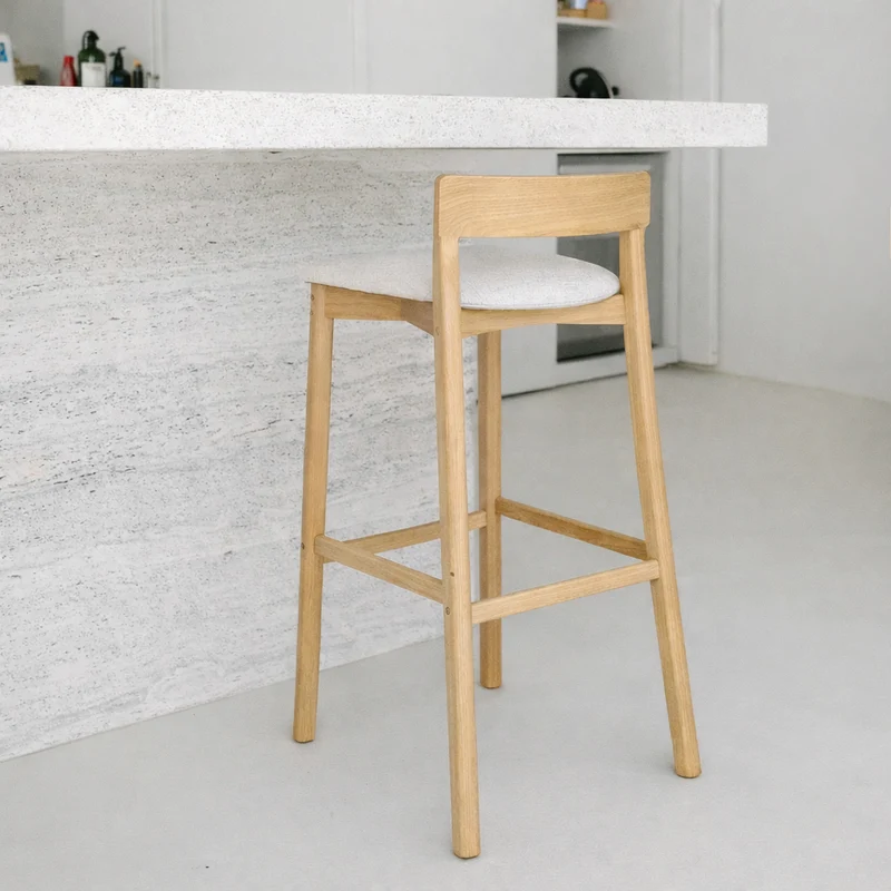 Tabouret de bar Charmes - Hauteur d'assise 75 cm - Chêne - Assise en tissu - Tissage tacheté couleur grès