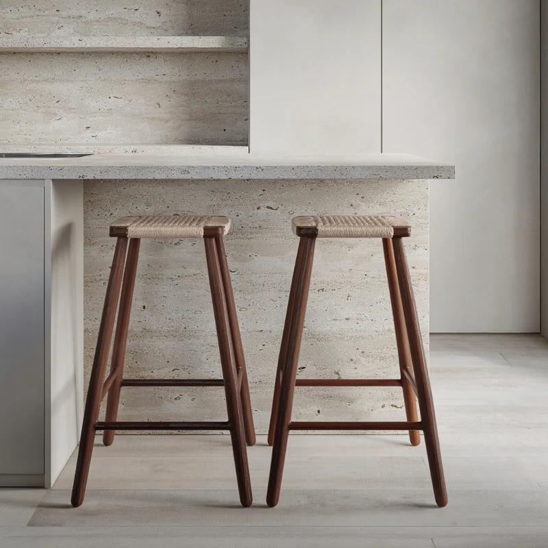 Tabouret de bar Belli - Hauteur d'assise 63 cm - Couleur noyer foncé - Assise tissée