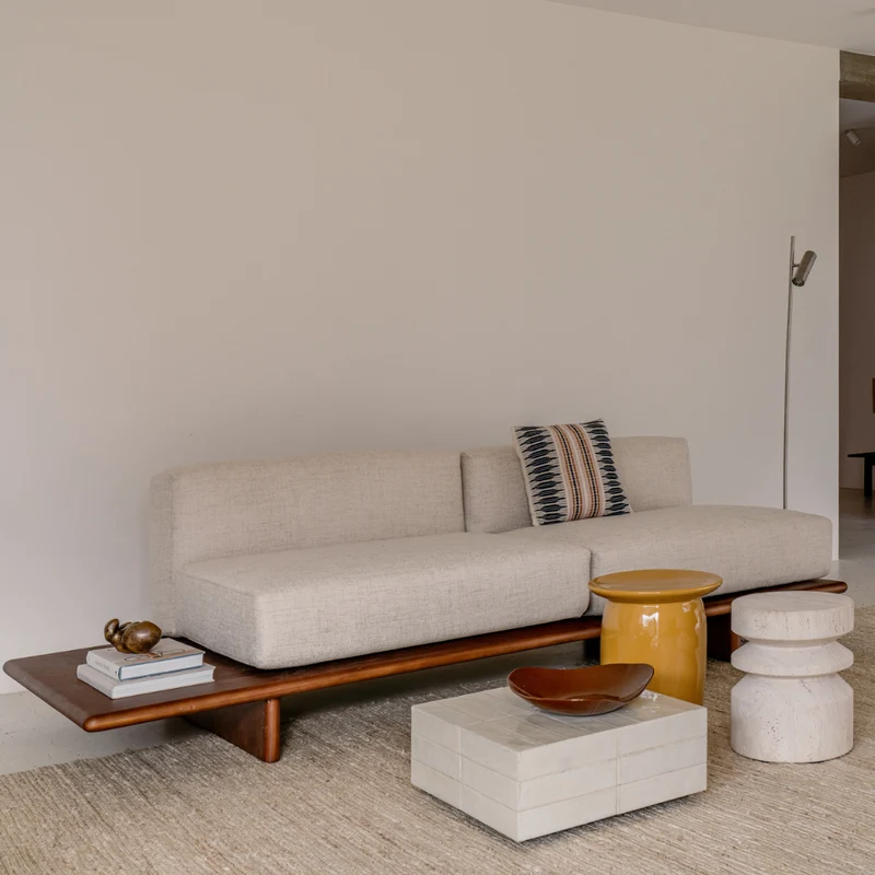 Banc à coussins Daro - 250 cm - couleur noyer foncé - assise en tissu tissé spotted sandstone