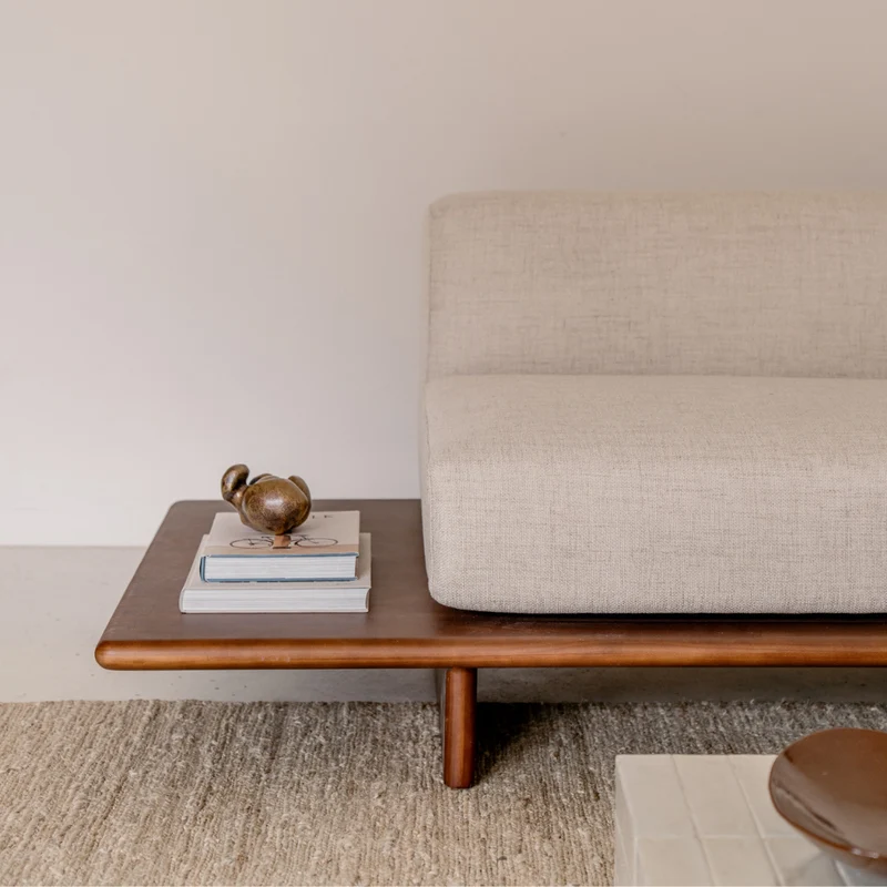Banc à coussins Daro - 250 cm - couleur noyer foncé - assise en tissu tissé spotted sandstone