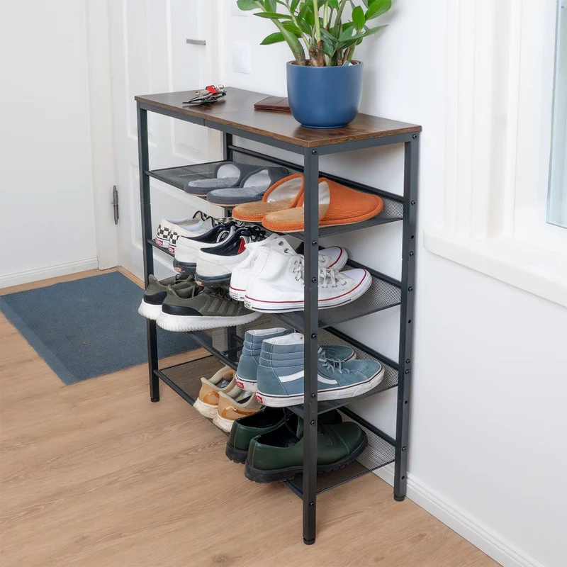 Tatkraft Otto - Étagère à Сhaussures, 5 Niveaux, avec 4 étagères réglables, Étagère Étroite, 75 x 28 x 93 cm, Étagère en Métal, Brun vintage Noir