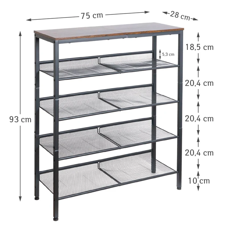 Tatkraft Otto - Étagère à Сhaussures, 5 Niveaux, avec 4 étagères réglables, Étagère Étroite, 75 x 28 x 93 cm, Étagère en Métal, Brun vintage Noir