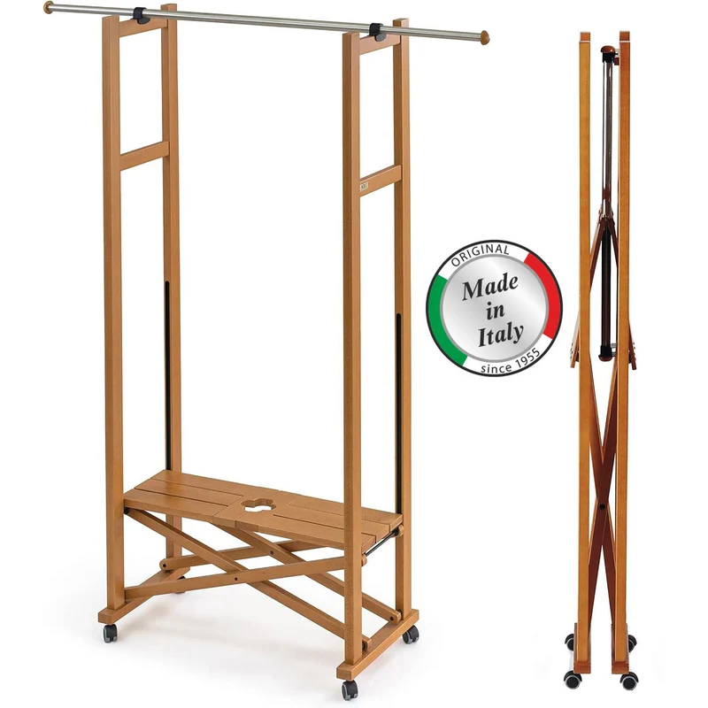 ARIT ELIOS - Portant Vetement Bois, de Hêtre, Penderie, sur Roulettes, Made in Italy, Portant a Vêtement Pliable, Tringle Extensible, Couleur Cerisier