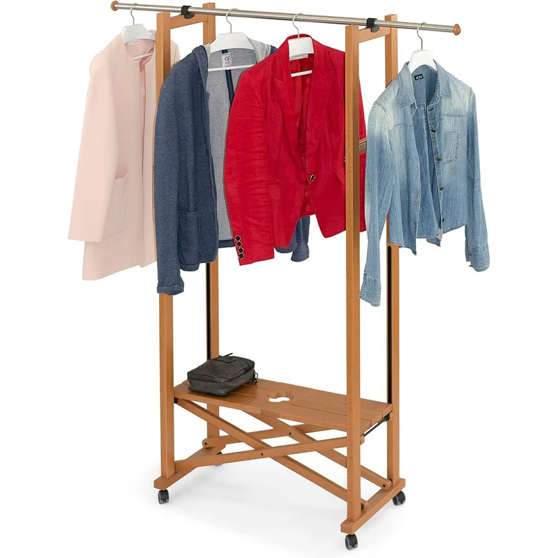 ARIT ELIOS - Portant Vetement Bois, de Hêtre, Penderie, sur Roulettes, Made in Italy, Portant a Vêtement Pliable, Tringle Extensible, Couleur Cerisier