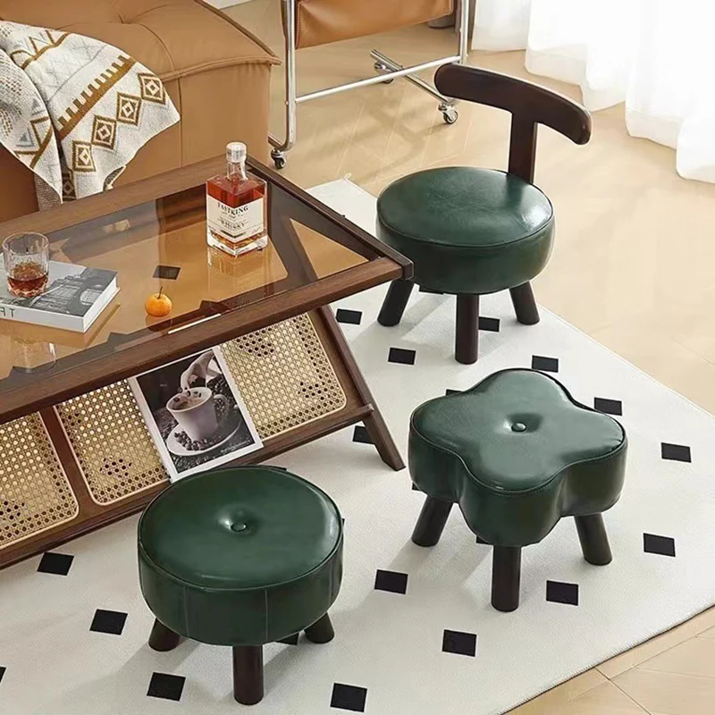 Contemporary Retro Faux Oil-waxed Leather Wood Sponge Round Low Stool Swivel Backrest For Living Room