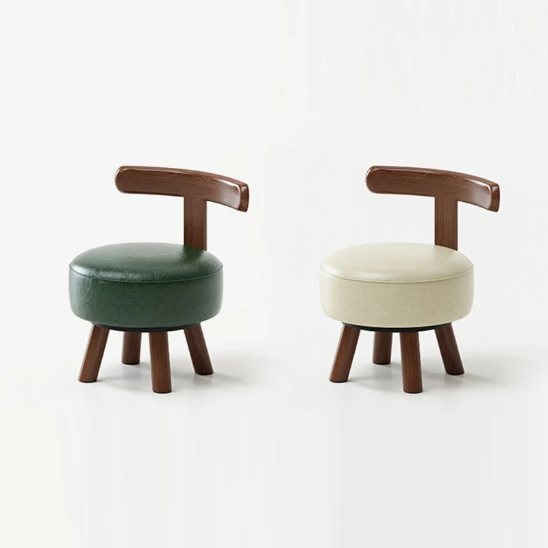 Contemporary Retro Faux Oil-waxed Leather Wood Sponge Round Low Stool Swivel Backrest For Living Room