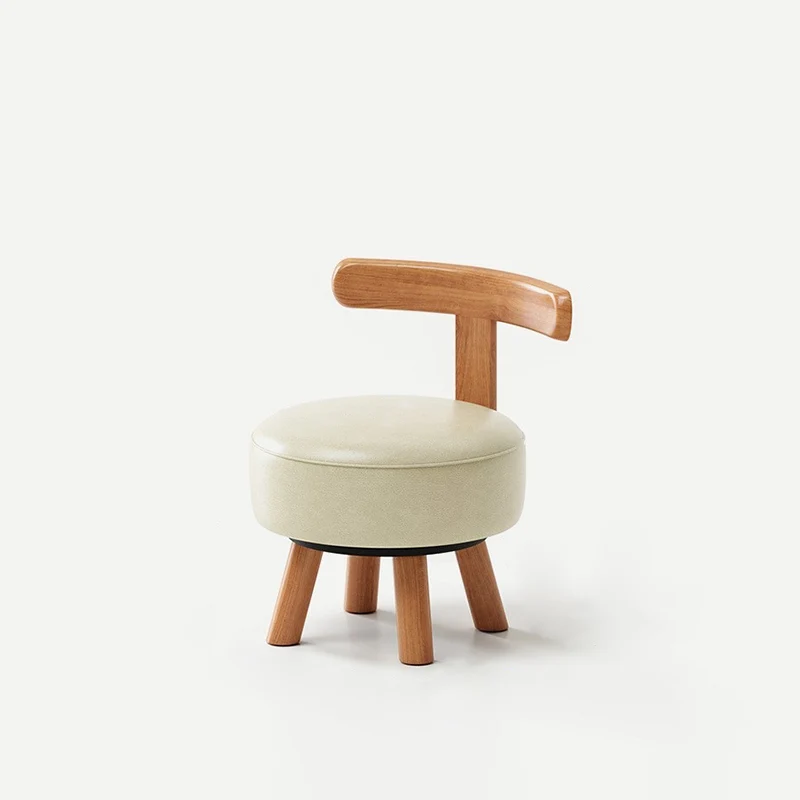 Contemporary Retro Faux Oil-waxed Leather Wood Sponge Round Low Stool Swivel Backrest For Living Room