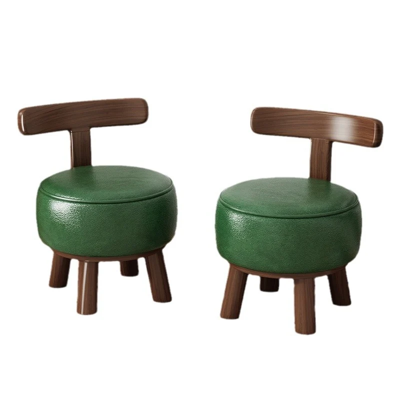 Contemporary Retro Faux Oil-waxed Leather Wood Sponge Round Low Stool Swivel Backrest For Living Room