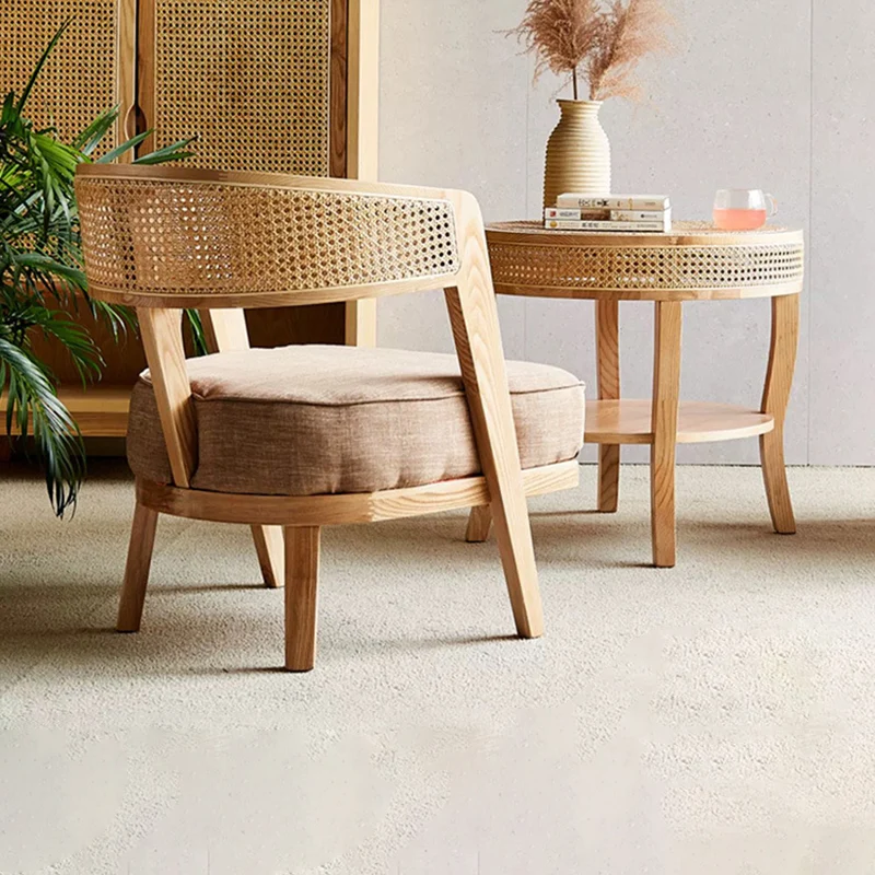 Contemporary Retro Ash Wood Frame Cotton & Linen Upholstery Rattan Weaving Arc Back Accent Chair For Living Room